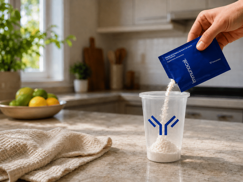 Sobre de Immunocal vertiéndose en un vaso mezclador para preparar una rutina de bienestar diario.